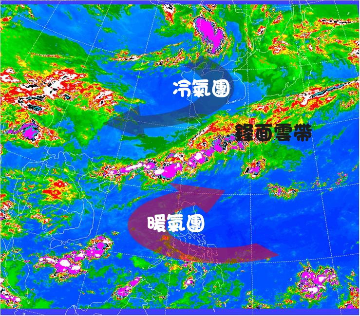 這張圖為梅雨形成原因的說明圖，呈現了冷氣團及暖氣團交鋒，中間產生了鋒面雲帶。