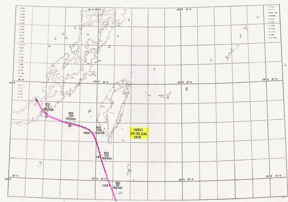 B080颱風的逐時路徑圖。 (資料來源：交通部中央氣象署)
