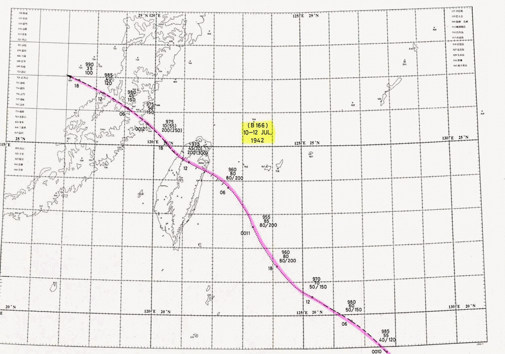 1942年7月10日至12日B166颱風逐時路徑圖。 (資料來源：交通部中央氣象署)