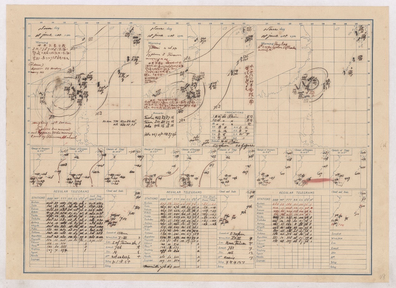 1905年6月18日天氣圖，可見低壓籠罩下的臺灣。