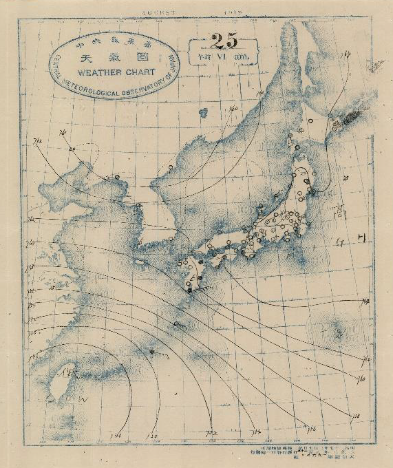 1919年8月25日上午6時，日本中央氣象臺天氣圖描繪出全臺籠罩在颱風低壓中心。 (資料來源：交通部中央氣象局)