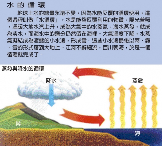 這是一張說明水的循環的圖，雲降雨至陸地，水再流向海中，海中蒸發並形成雲，就形成了水的循環圖。